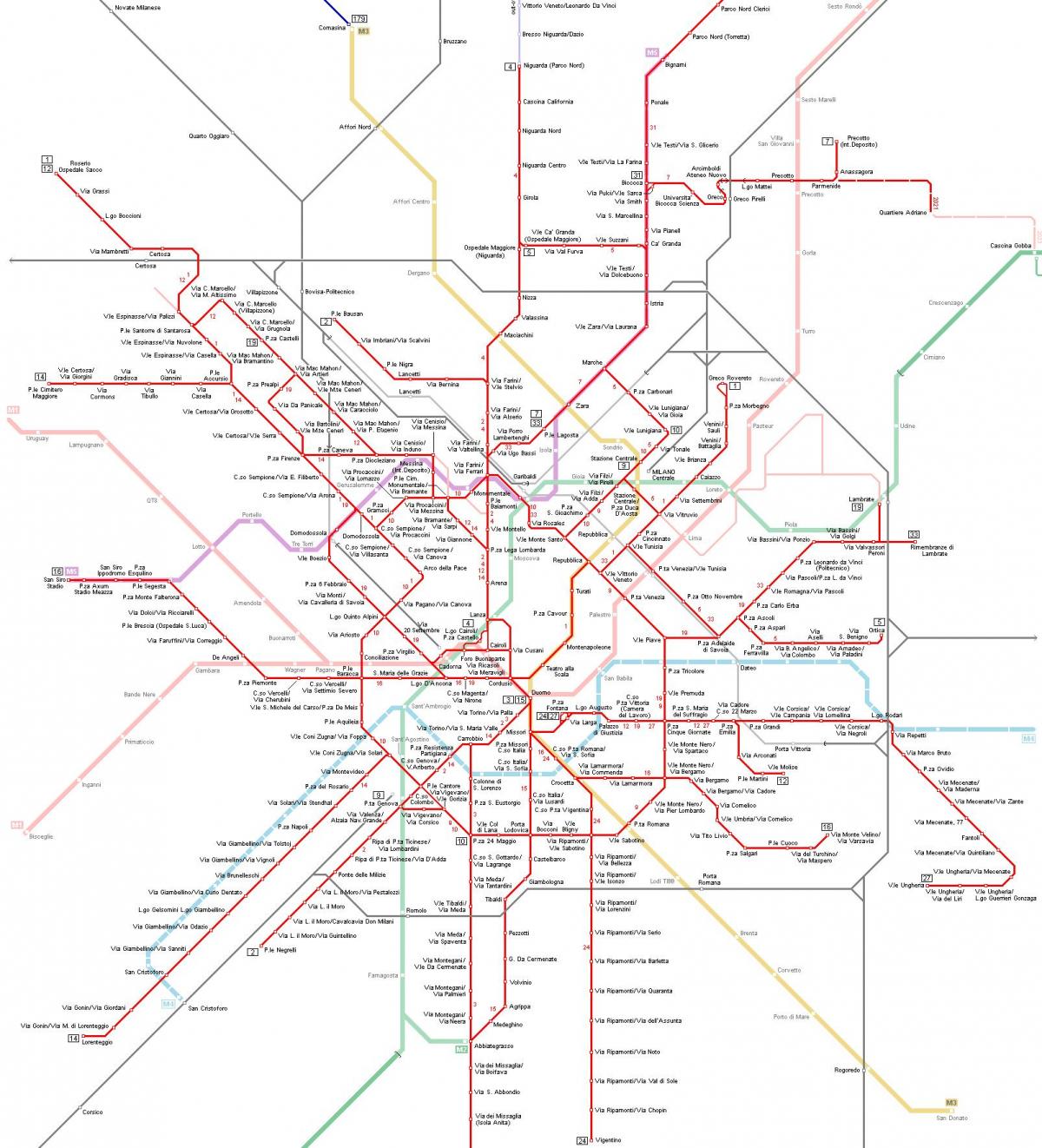 Karte der Mailänder Straßenbahnhaltestellen